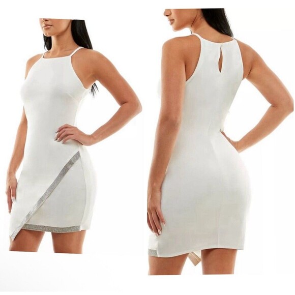 BCX Juniors Asymmetrical Hem Rhin Off White mini dress casual party Size L - Picture 1 of 8
